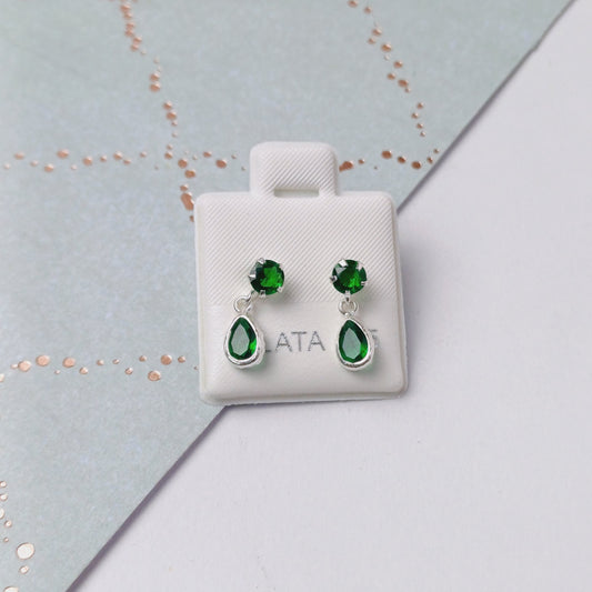 P1048_44  - aretes de broquel con lagrima zirconia verde esmeralda.